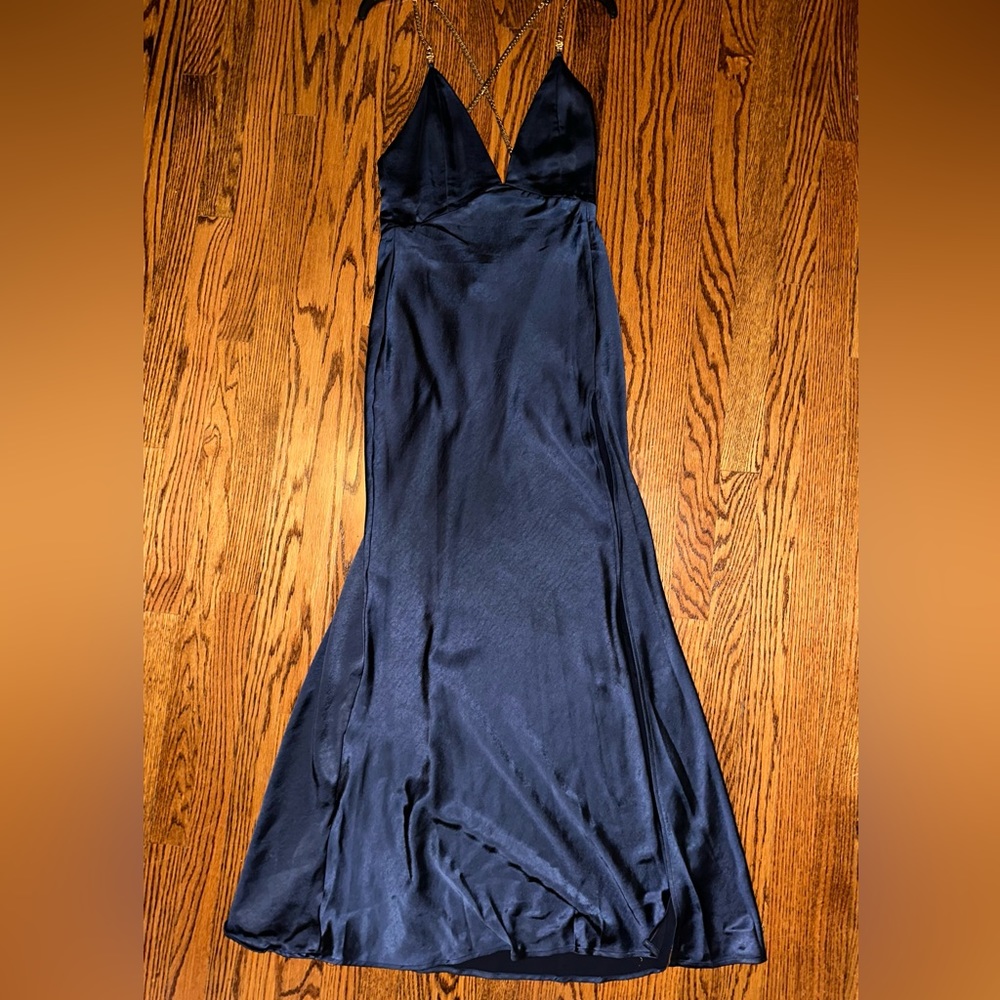 Navy, gold chain, plunge, satin maxi dress with slit. Size 6 (M)